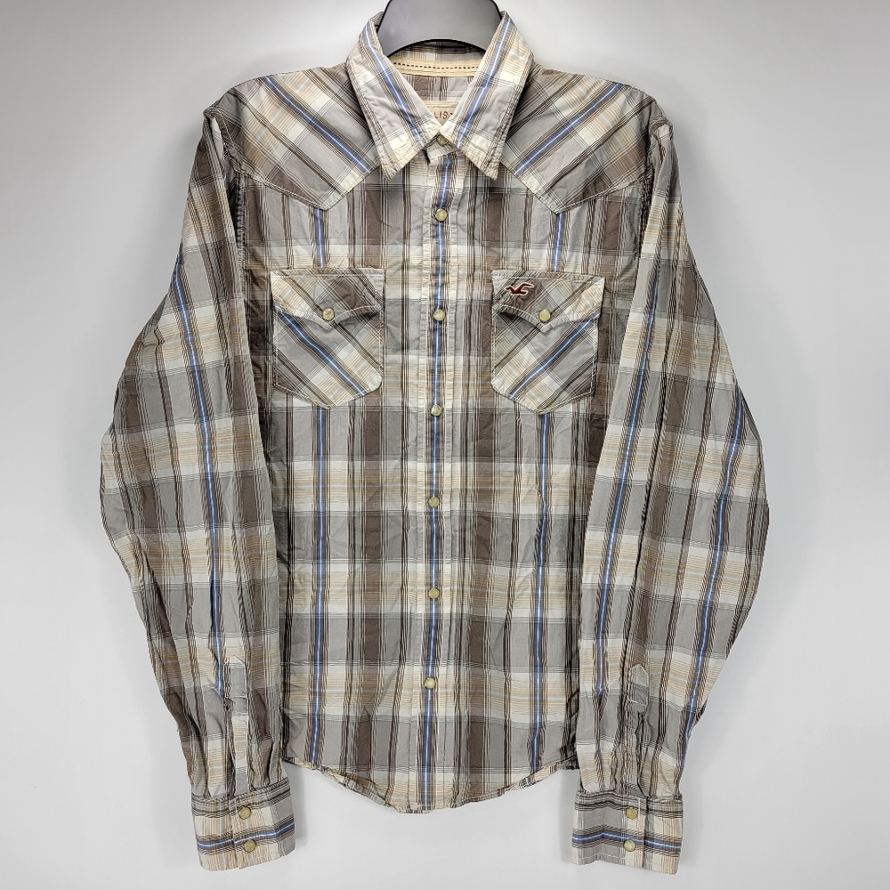 Hollister Y2K Pearl Snap Button Front Western Cowboy Shirt Mens Large L Plaid